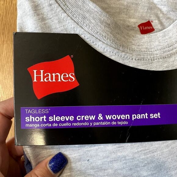 Hanes Short Sleeve Crew & Woven Pant Set Oatmeal Heather Medium - Picture 3 of 10